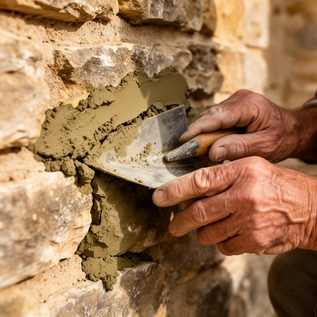 A craftsman's hands applying lime mortar to a stone wall